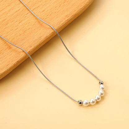 5 white pearls 4.9mm + 2 steel beads 3.9mm necklace 44+5cm asonjewelry