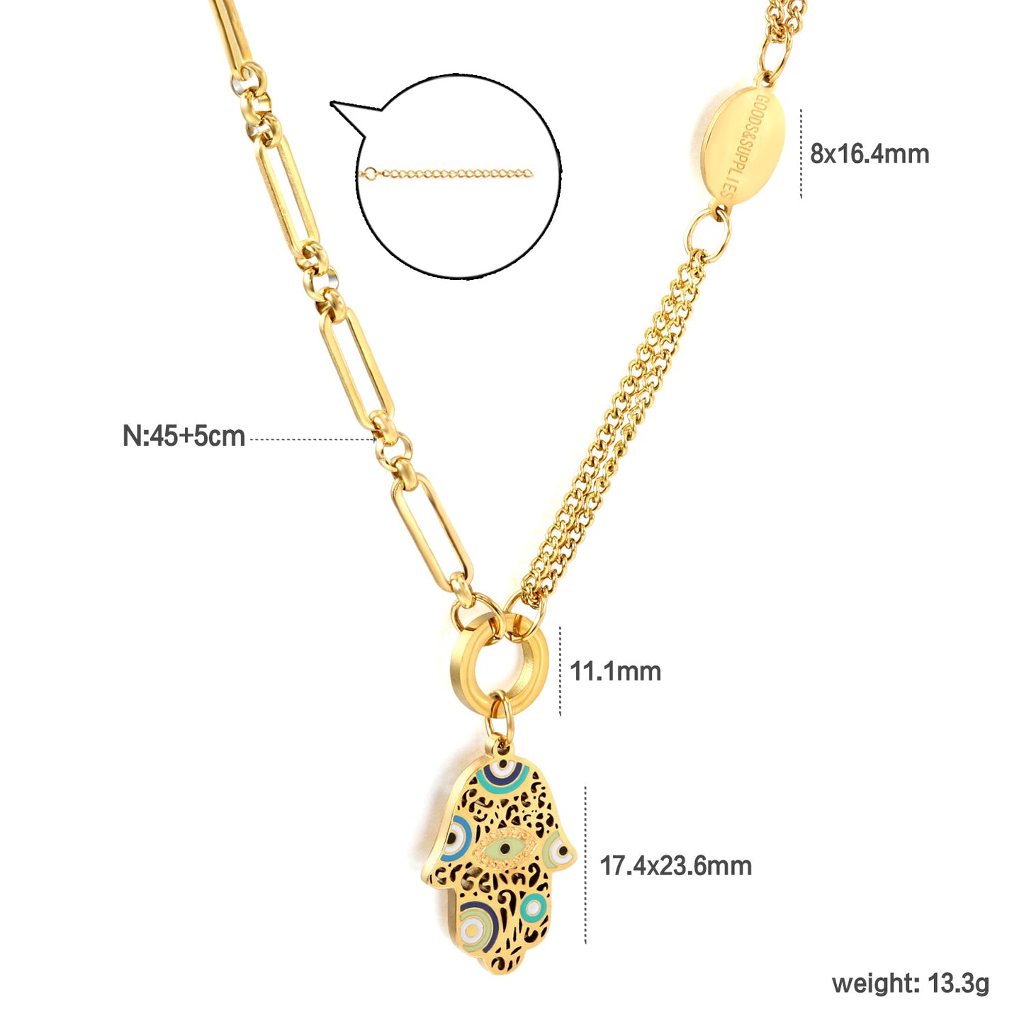 17.4*23.6mm palm with mixed color oil drops + 1 circle + 1 oval plaque with engraving + 21cm double spliced matching chain + 21cm long ring and circle matching chain necklace 45+5cm asonjewelry