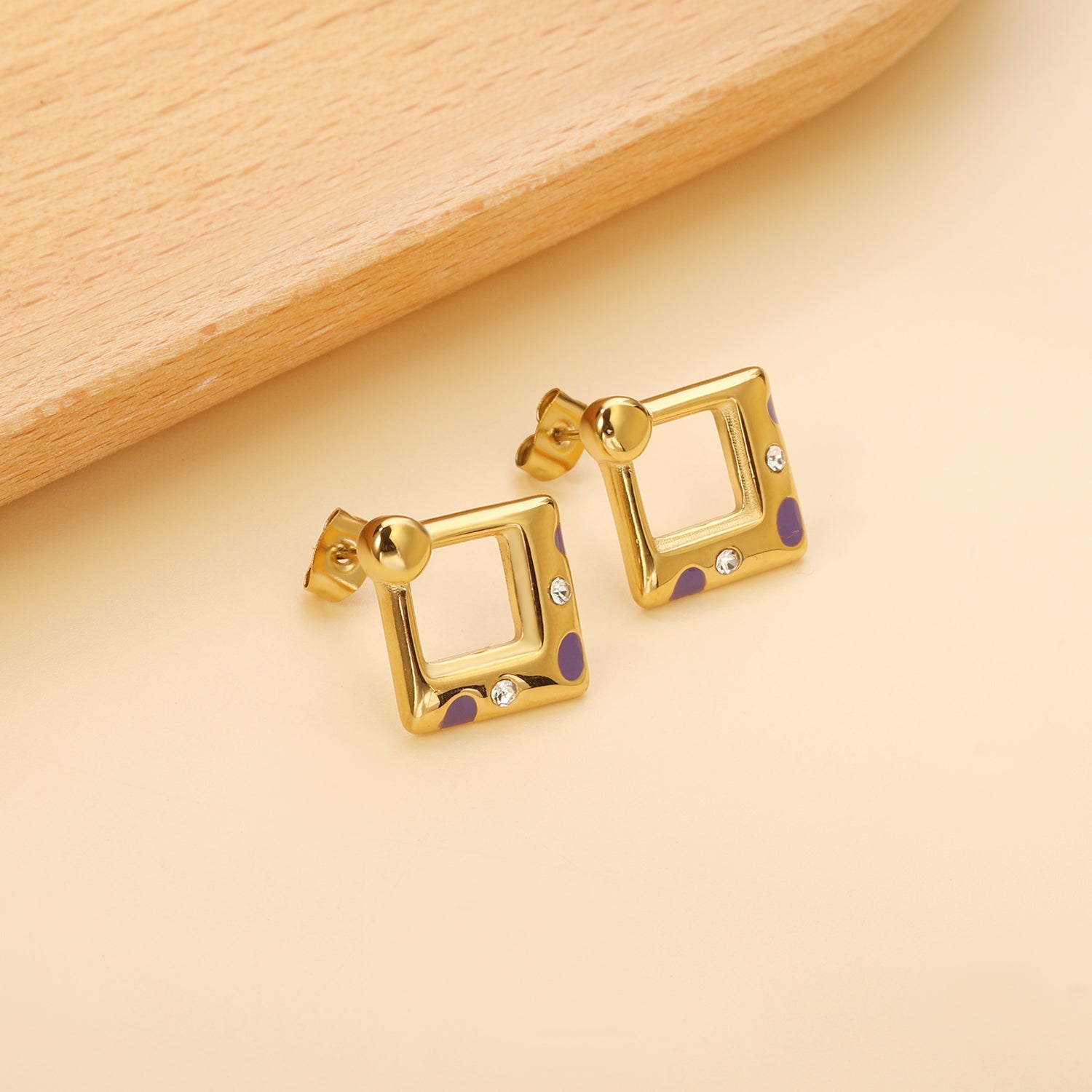Square with purple oil drops with 2 white diamonds earrings 19.8*20.7mm asonjewelry