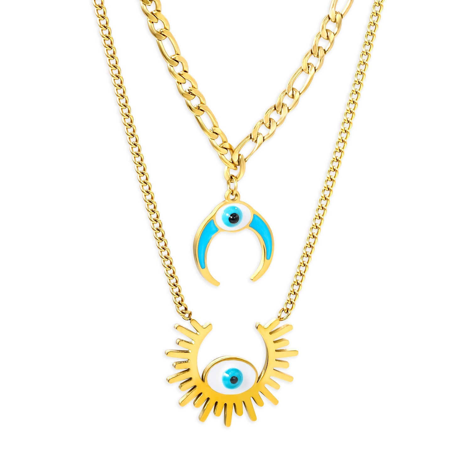 26.5mm Open Sun with White Eyes Accessory + 16mm Inverted C with Blue Drip Oil + White Eyes Accessory Double Chain Necklace 45+40+5cm asonjewelry