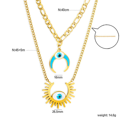 26.5mm Open Sun with White Eyes Accessory + 16mm Inverted C with Blue Drip Oil + White Eyes Accessory Double Chain Necklace 45+40+5cm asonjewelry