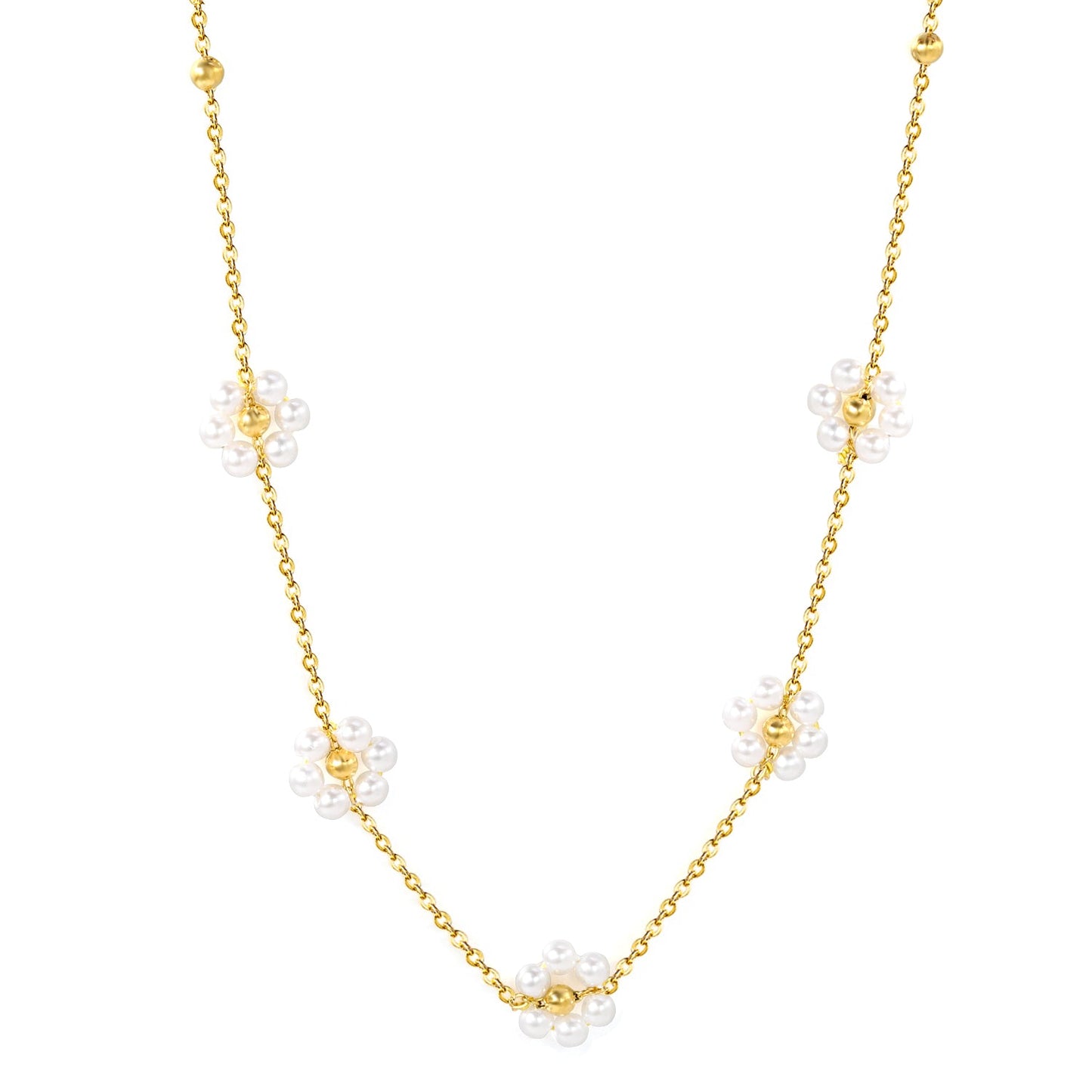 3mm*11 steel beads+5 flowers with white pearl pendant necklace 40+5cm asonjewelry