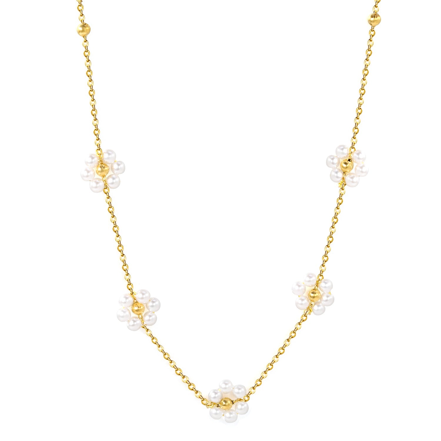 3mm*11 steel beads+5 flowers with white pearl pendant necklace 40+5cm asonjewelry