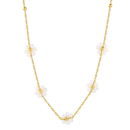 3mm*11 steel beads+5 flowers with white pearl pendant necklace 40+5cm asonjewelry