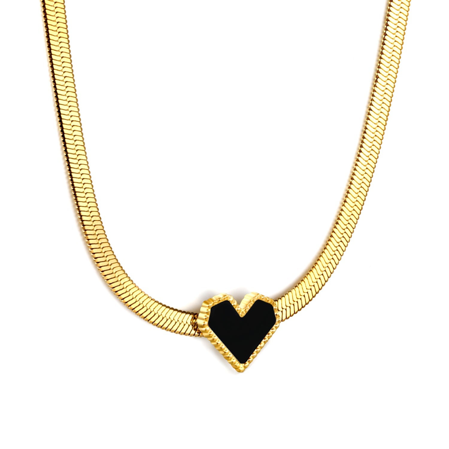 11.5 x 10.6mm Black Heart Pendant 3.3mm Blade Chain 40+5cm x 3mm Round Tag Necklace Gold asonjewelry