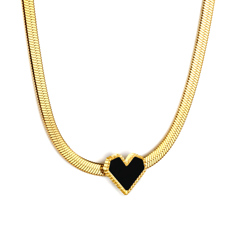 11.5 x 10.6mm Black Heart Pendant 3.3mm Blade Chain 40+5cm x 3mm Round Tag Necklace Gold