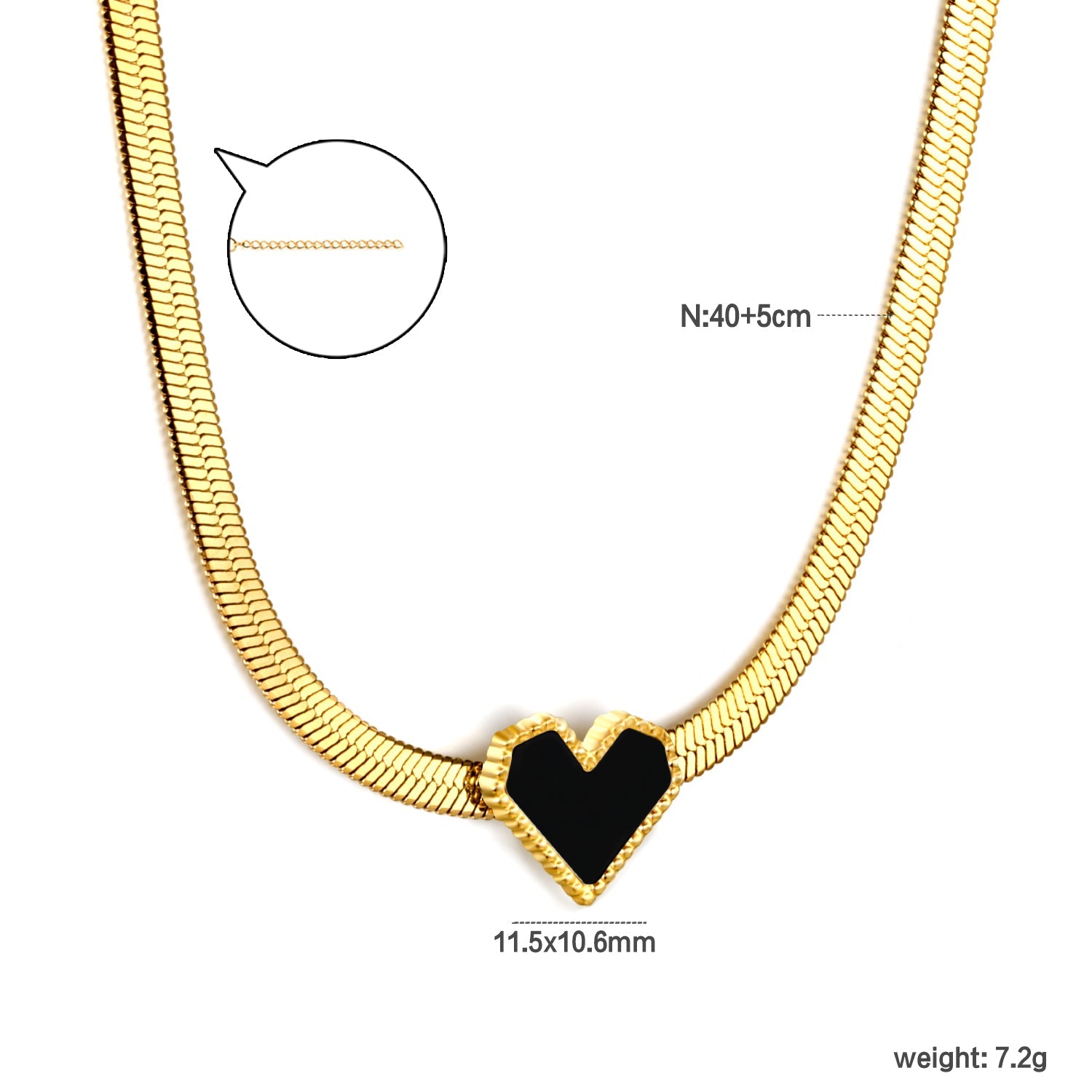 11.5 x 10.6mm Black Heart Pendant 3.3mm Blade Chain 40+5cm x 3mm Round Tag Necklace Gold asonjewelry