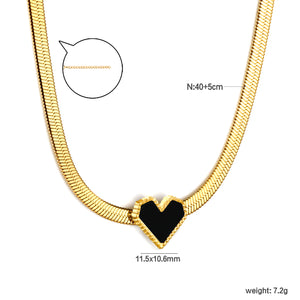 11.5 x 10.6mm Black Heart Pendant 3.3mm Blade Chain 40+5cm x 3mm Round Tag Necklace Gold