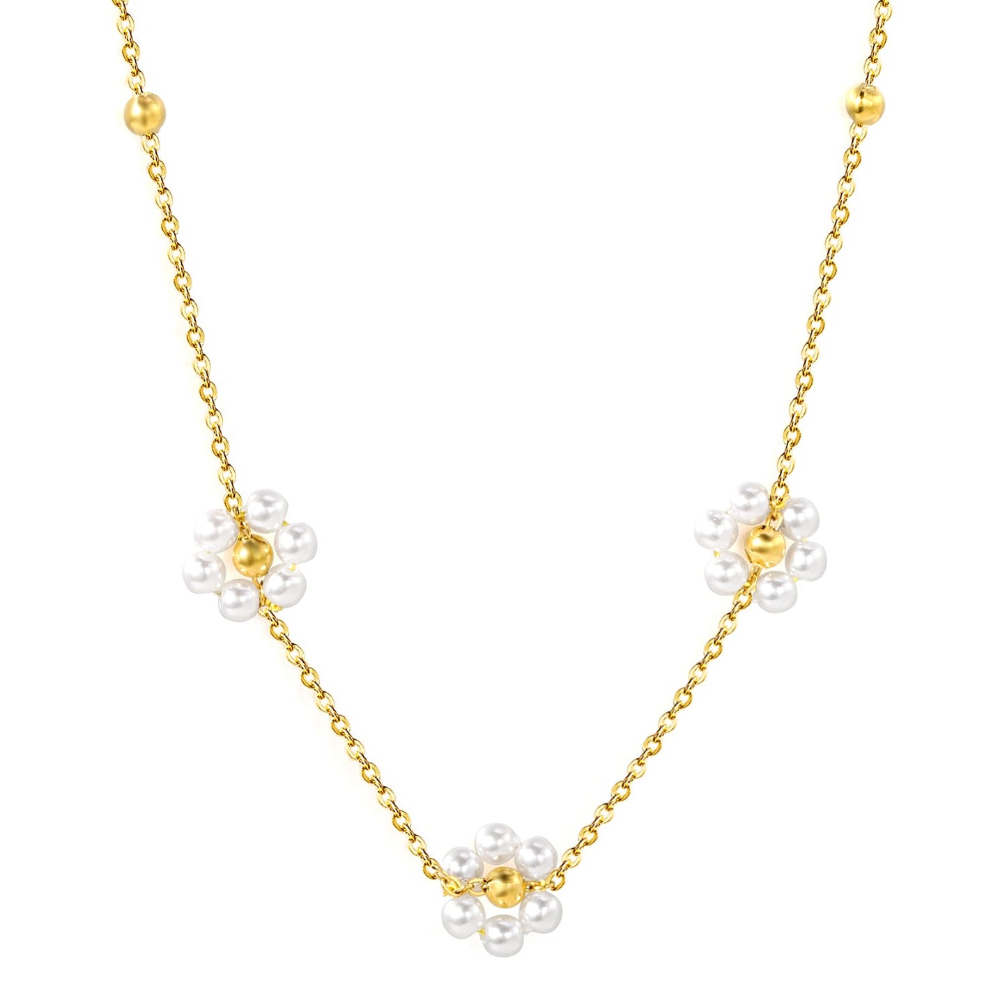 3mm*12 steel beads+3 flowers with white pearl pendant necklace 1.4mm*40+5cm asonjewelry