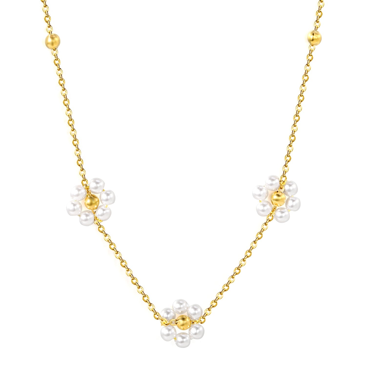 3mm*12 steel beads+3 flowers with white pearl pendant necklace 1.4mm*40+5cm asonjewelry