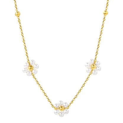 3mm*12 steel beads+3 flowers with white pearl pendant necklace 1.4mm*40+5cm asonjewelry