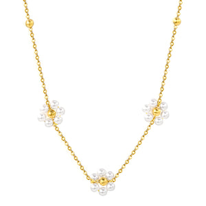 3mm*12 steel beads+3 flowers with white pearl pendant necklace 1.4mm*40+5cm