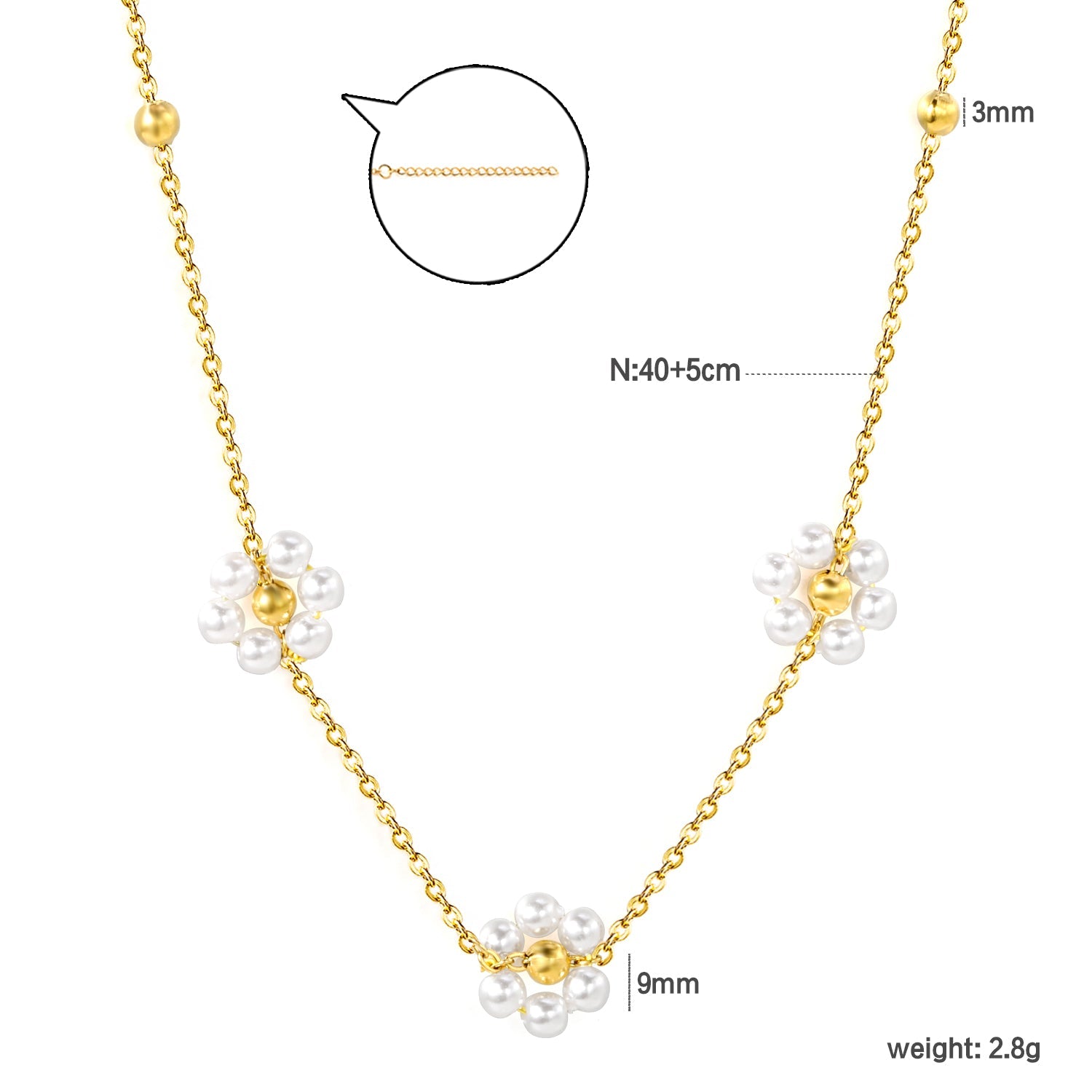 3mm*12 steel beads+3 flowers with white pearl pendant necklace 1.4mm*40+5cm asonjewelry