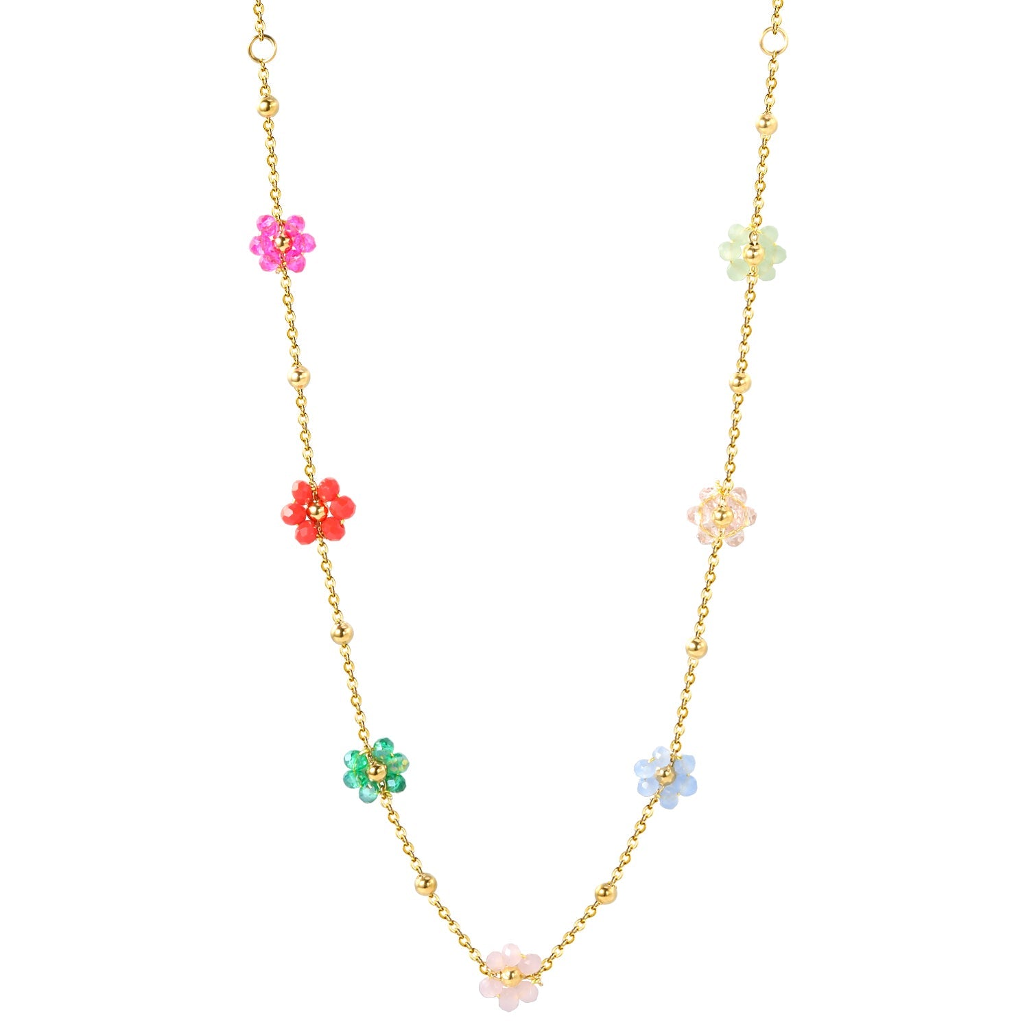 3mm*15 steel beads+7 flowers with mixed color beads pendant necklace 40+5cm asonjewelry