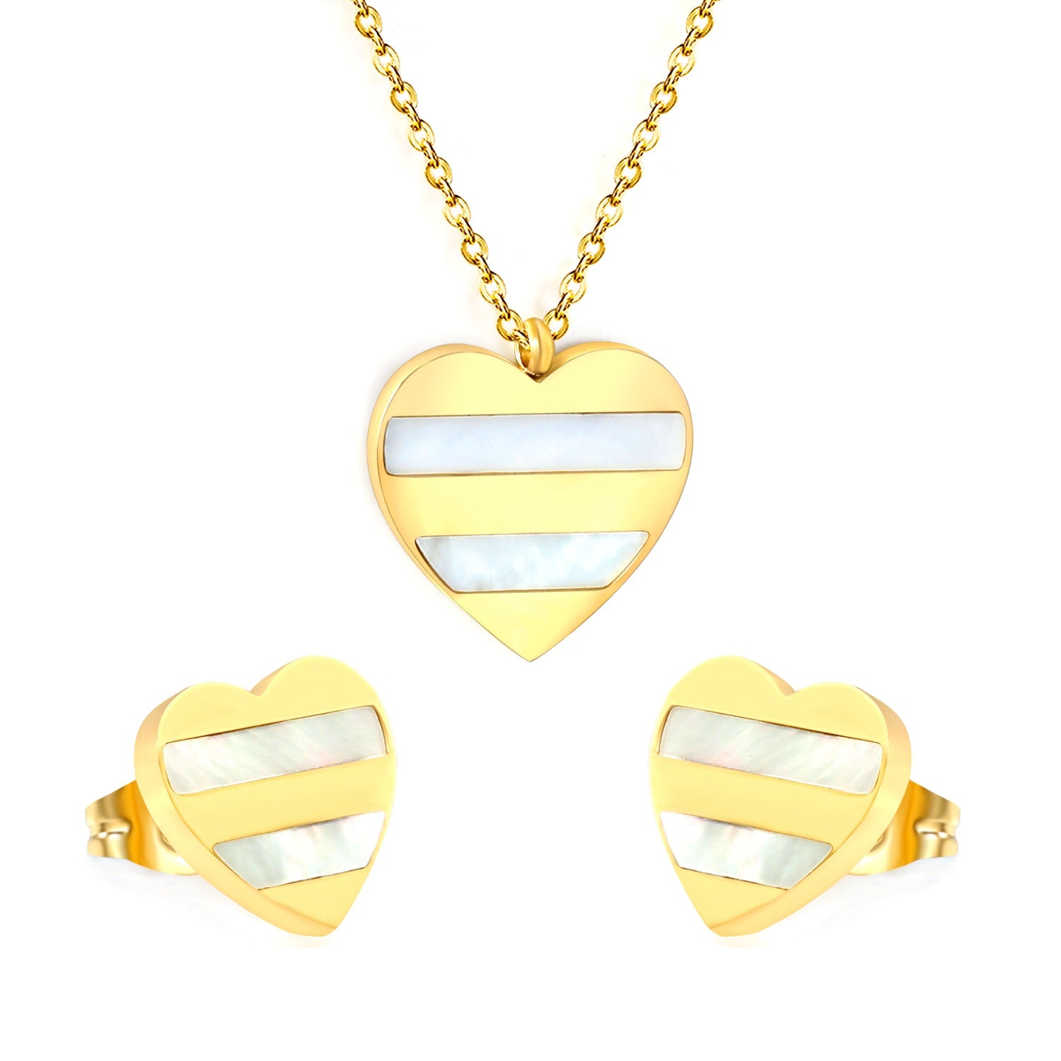 Heart Shape Sticky White Shell Set Steel/Gold Earrings:12*12mm Pendant:18*18mm 04Cross45+5cm+6mm Round Plaque asonjewelry