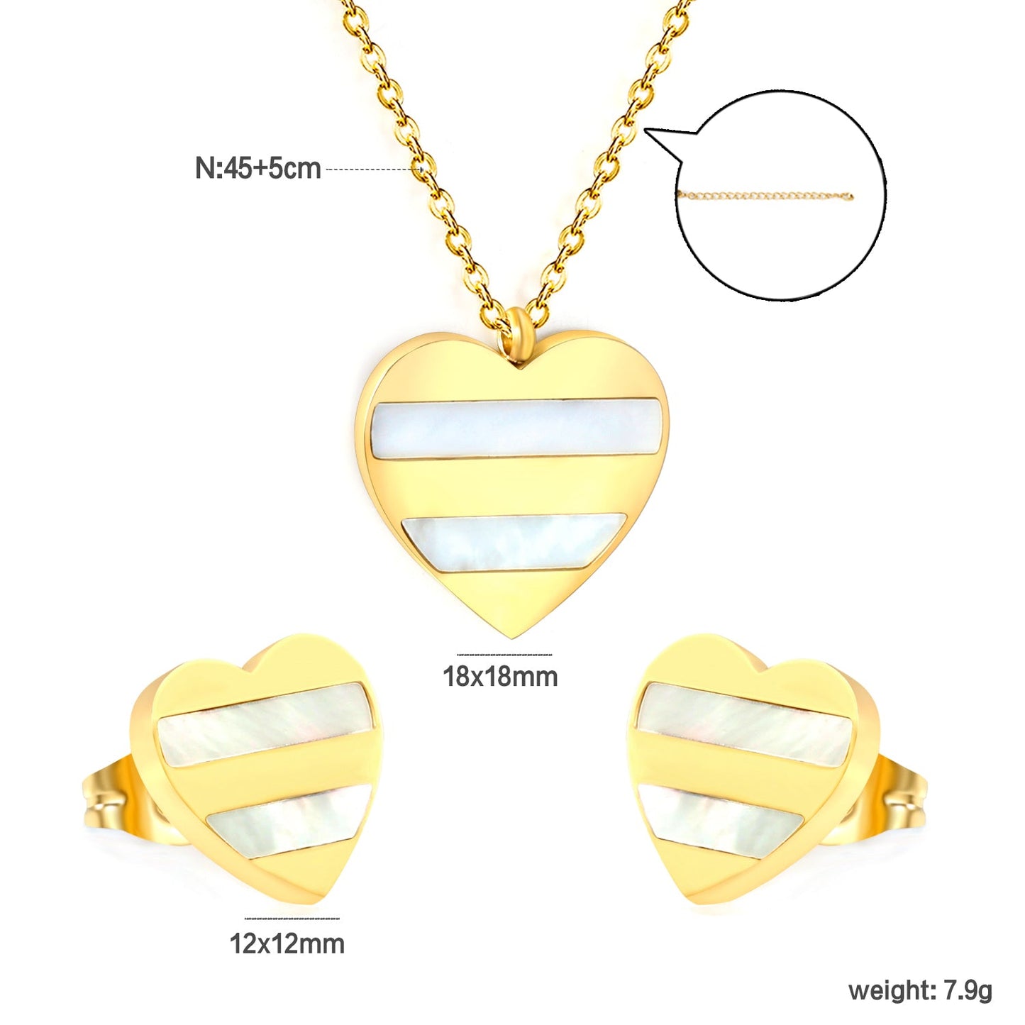 Heart Shape Sticky White Shell Set Steel/Gold Earrings:12*12mm Pendant:18*18mm 04Cross45+5cm+6mm Round Plaque asonjewelry