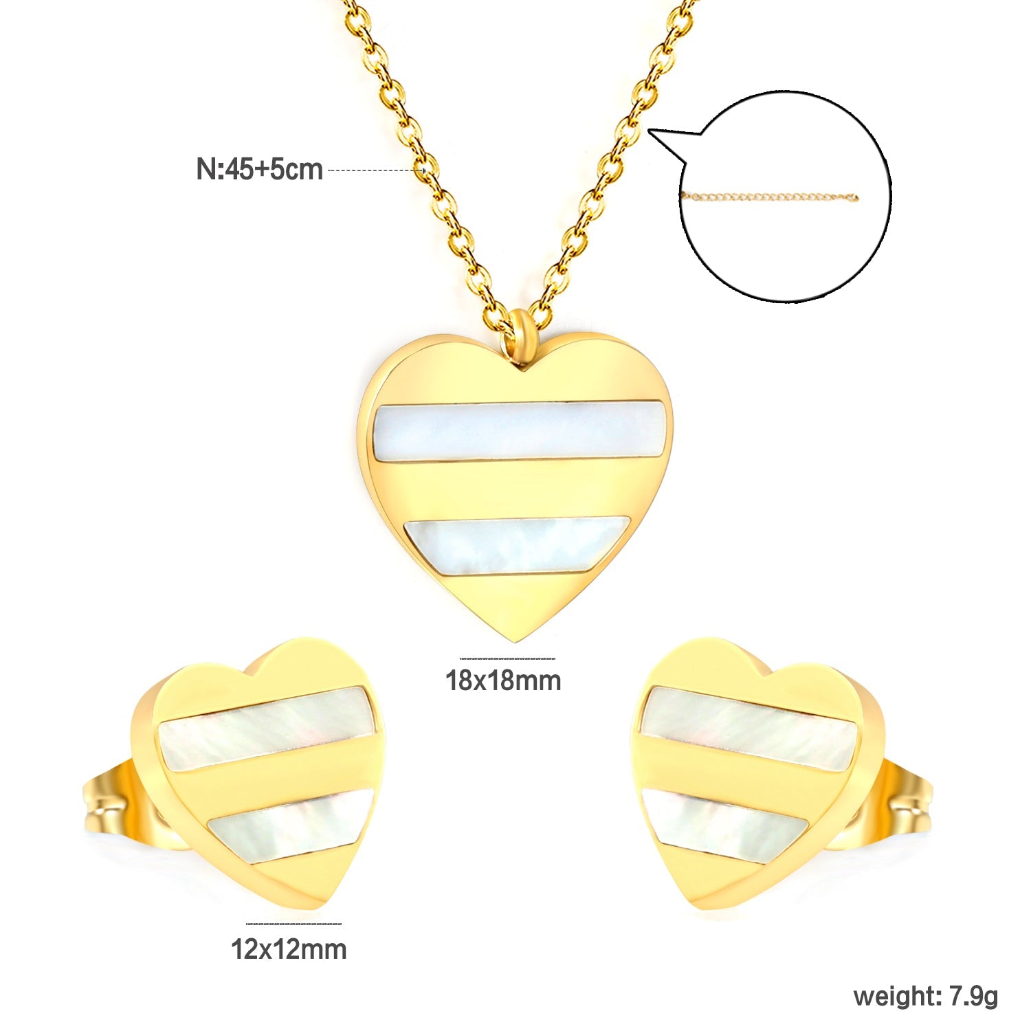Heart Shape Sticky White Shell Set Steel/Gold Earrings:12*12mm Pendant:18*18mm 04Cross45+5cm+6mm Round Plaque asonjewelry
