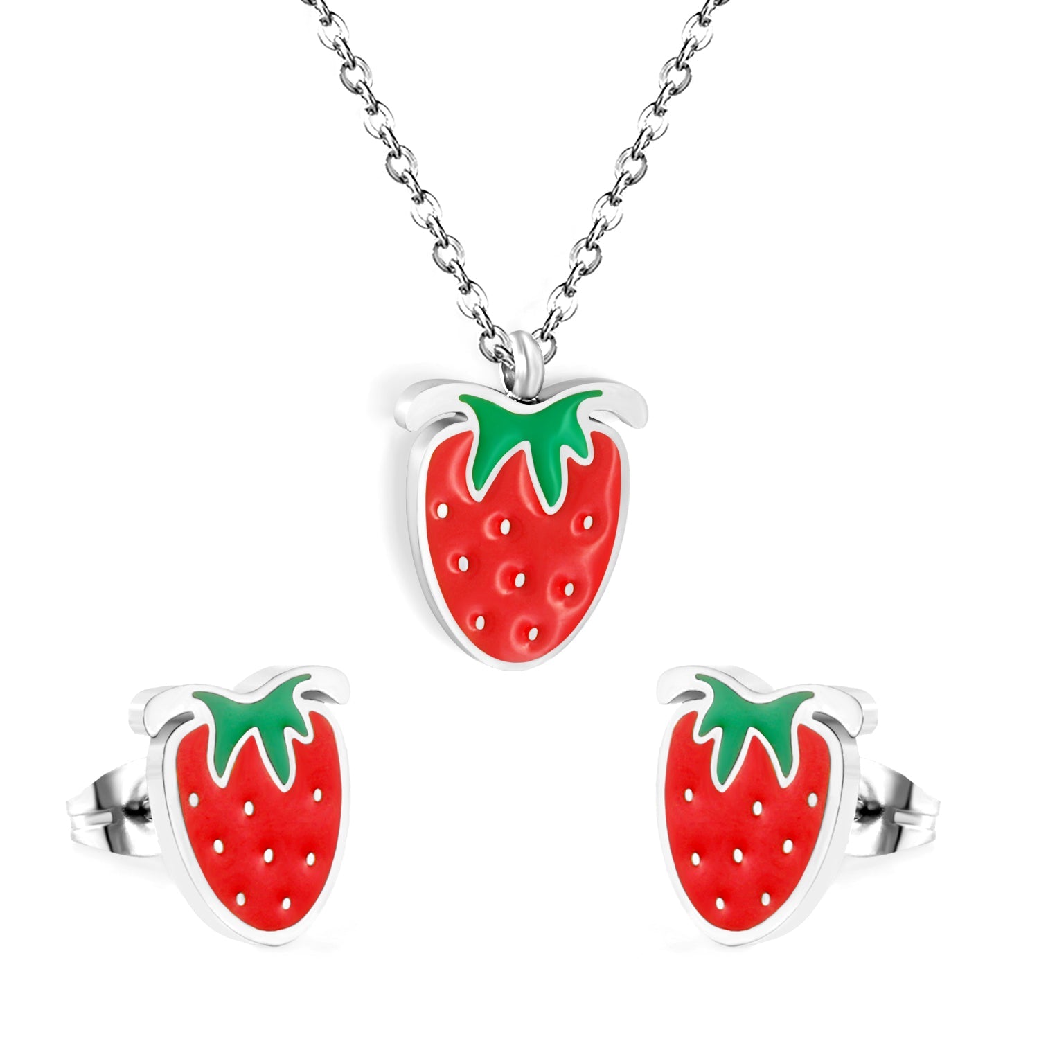 ¡°Strawberry with red oil drip accessories Set Steel color/golden 0.3 cross 40+5+6mm round plate Pendant: 10.7*13.5mm Earrings: 9*10mm asonjewelry