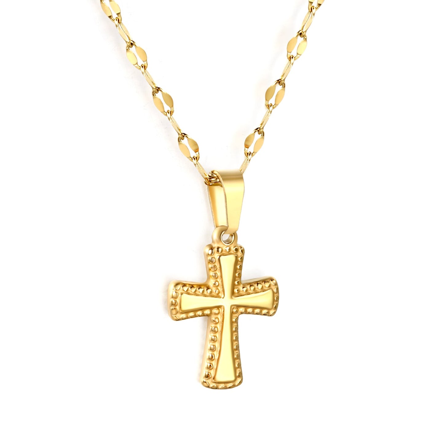 12.8x18.8mm cross pendant, 40cm lip chain + 5cm + 6mm round-shaped pendant, necklace, gold color asonjewelry