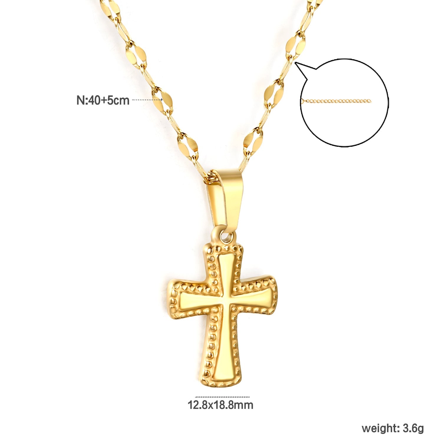 12.8x18.8mm cross pendant, 40cm lip chain + 5cm + 6mm round-shaped pendant, necklace, gold color asonjewelry