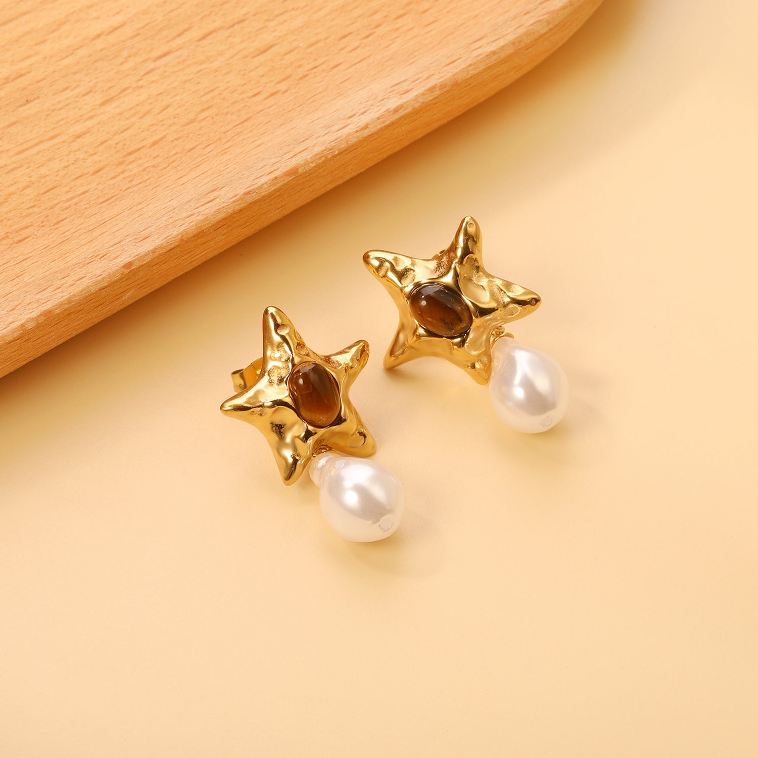 Starfish Pitted Faceted with Oval Brown Cat's Eye Stones + Shaped White Pearl Stud Earrings 21.5*36mm asonjewelry