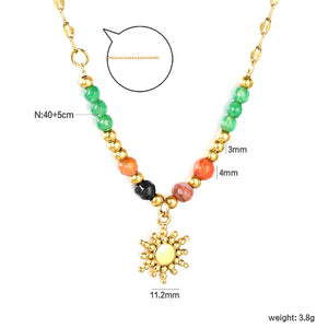4mm mixed-color natural stone + 3mm steel beads + 11.2mm sun pendant, 40cm lip chain + 5cm + 3.5x11mm square-shaped pendant, necklace, gold color