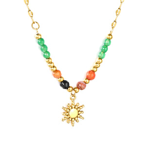 4mm mixed-color natural stone + 3mm steel beads + 11.2mm sun pendant, 40cm lip chain + 5cm + 3.5x11mm square-shaped pendant, necklace, gold color