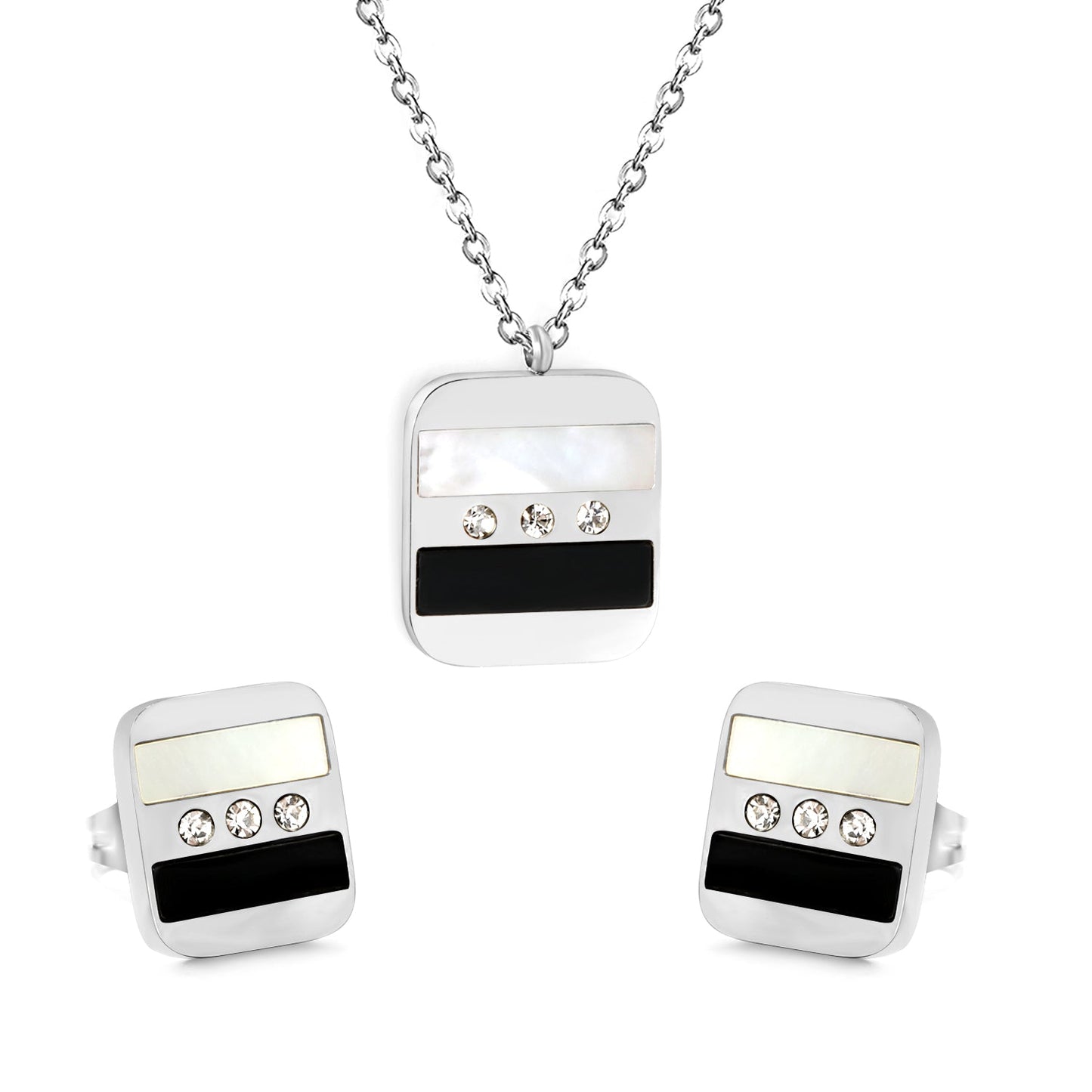 Rectangle Sticky Black and White Shells + White Diamonds Set Steel Color / Gold Earrings: 10.5*12mm Pendant: 16*18mm 04 Cross 45+5cm+6mm Round Plaque asonjewelry