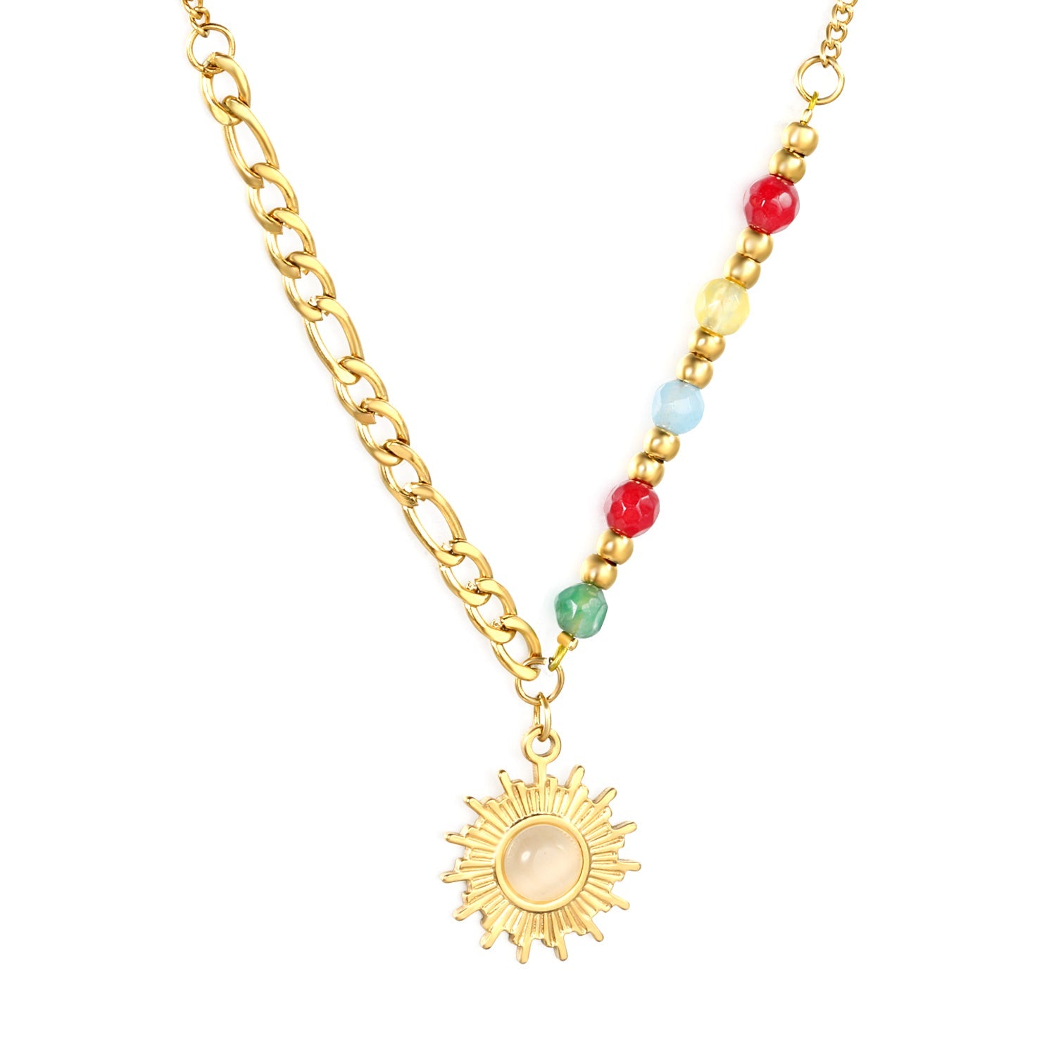 4.3mm natural colored stone + 2.9mm steel ball + 16.3mm sun pendant 40+5cm+6mm round tail tag necklace, gold asonjewelry