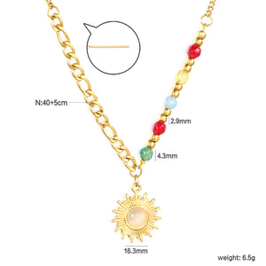 4.3mm natural colored stone + 2.9mm steel ball + 16.3mm sun pendant 40+5cm+6mm round tail tag necklace, gold