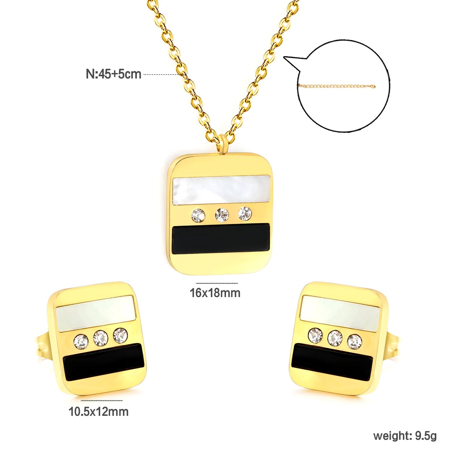 Rectangle Sticky Black and White Shells + White Diamonds Set Steel Color / Gold Earrings: 10.5*12mm Pendant: 16*18mm 04 Cross 45+5cm+6mm Round Plaque asonjewelry