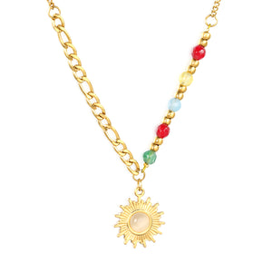 4.3mm natural colored stone + 2.9mm steel bead + 16.3mm sun pendant 40+5cm+6mm round tag necklace, gold