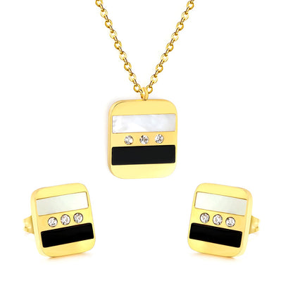 Rectangle Sticky Black and White Shells + White Diamonds Set Steel Color / Gold Earrings: 10.5*12mm Pendant: 16*18mm 04 Cross 45+5cm+6mm Round Plaque asonjewelry