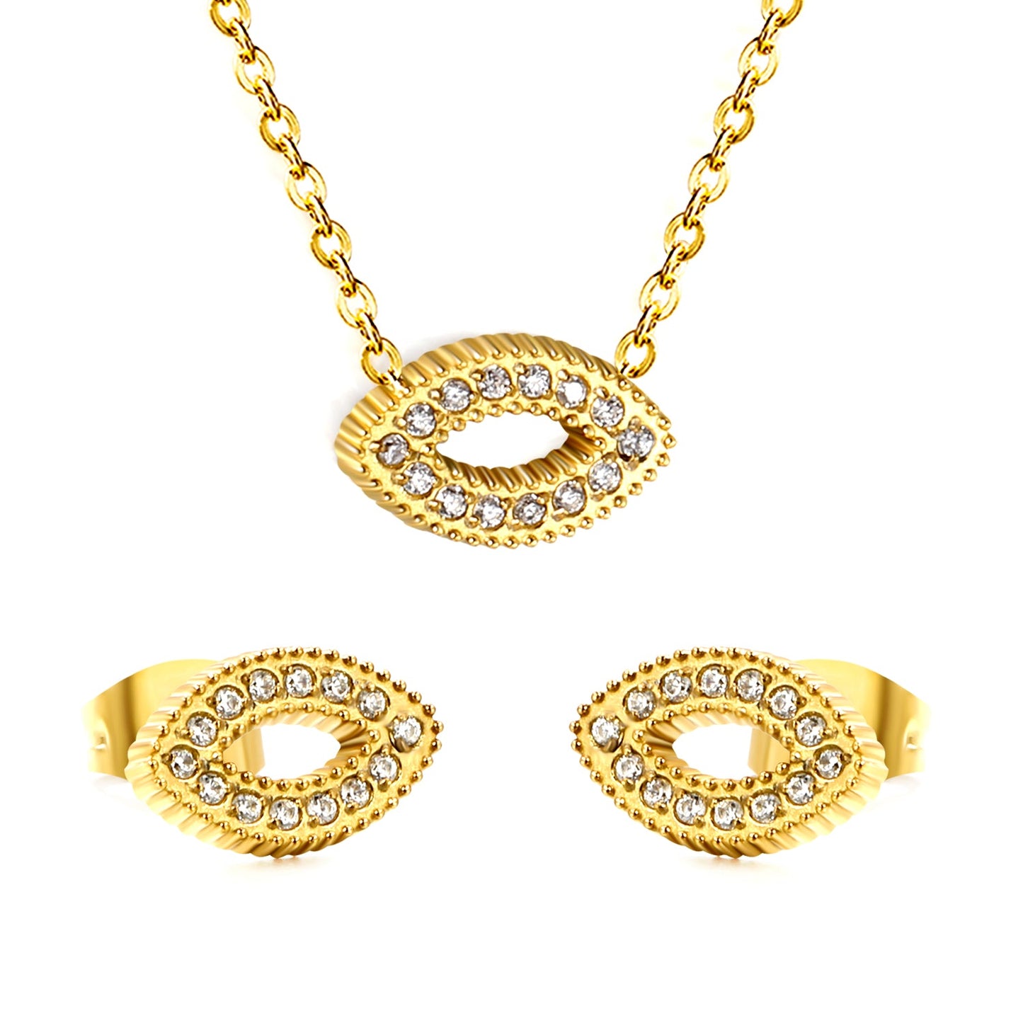 Eye CNC white zirconium accessories Set Steel color / gold 0.3 cross 40+5+6mm round plate Pendant: 11.4*7mm Earring: 11.4*7mm asonjewelry