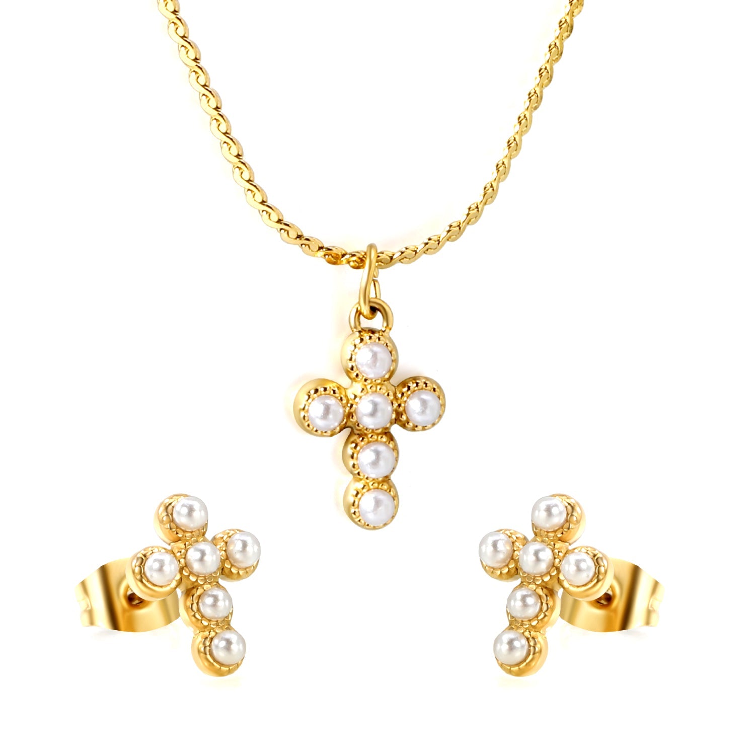 Cross stick imitation white pearl accessories set Gold color Width 1mm S chain 40+5+6mm round plate Pendant: 8.4*11mm Earrings: 8.4*11mm asonjewelry