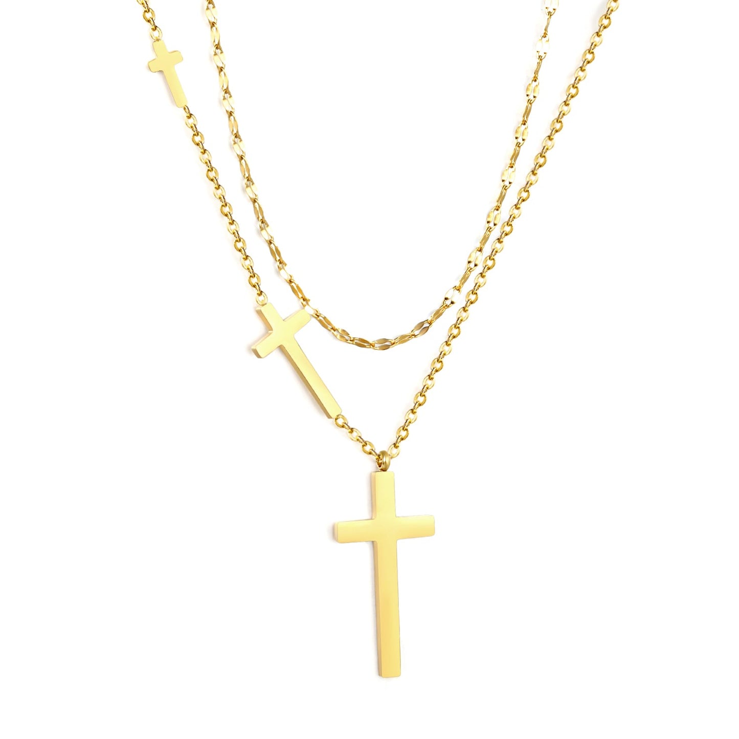 15 x 31.3mm + 10 x 19.4mm + 4.9 x 10mm Cross Pendant Lip Chain 40 + Cross Chain 45 + 5cm Double Chain Necklace, Gold asonjewelry