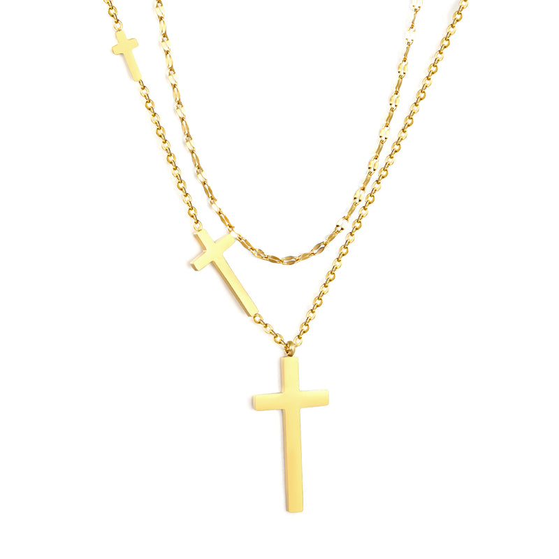 15 x 31.3mm + 10 x 19.4mm + 4.9 x 10mm Cross Pendant Lip Chain 40 + Cross Chain 45 + 5cm Double Chain Necklace, Gold