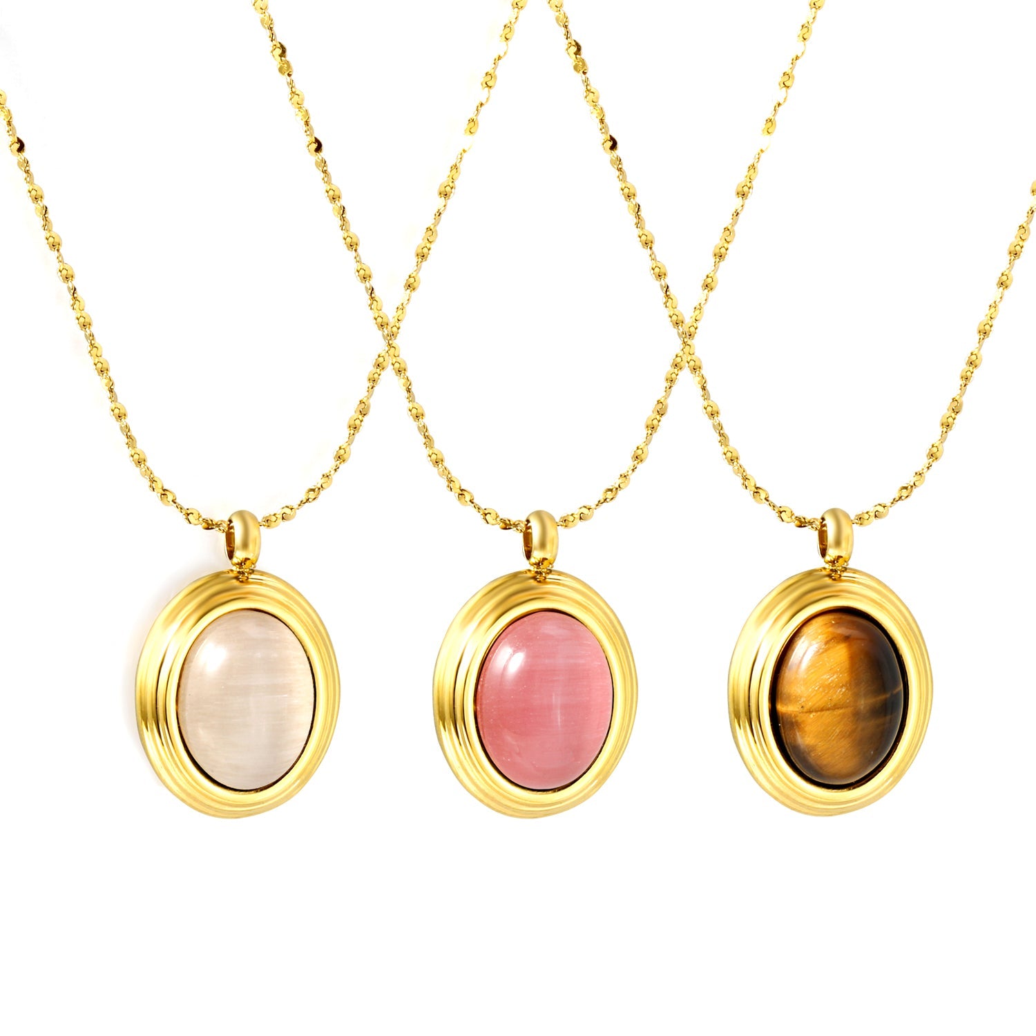 14*17mm oval with white/rose cat's eye/tiger's eye pendant 40+5cm+6mm round necklace gold color asonjewelry