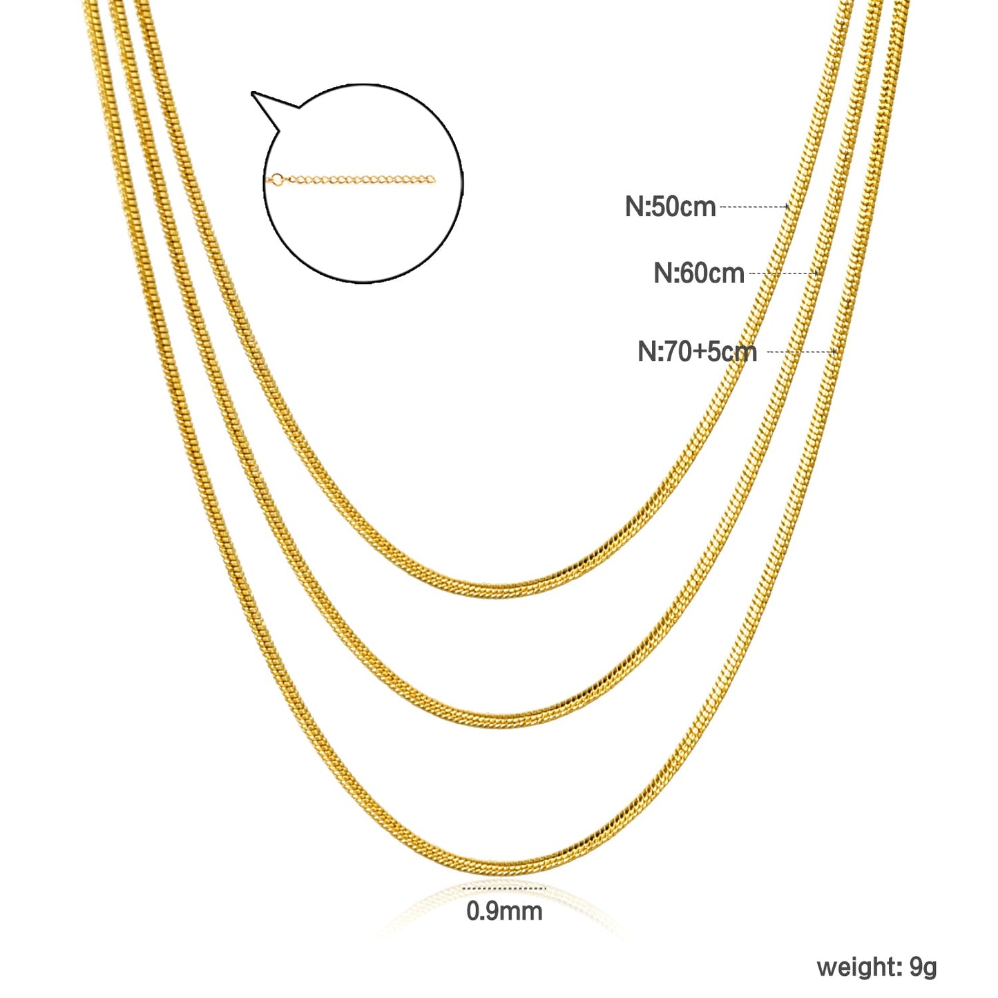Sweater Chain 0.9 Round Snake 50+60+70cm+5cm+6mm Round Tail Plate Necklace Steel/Golden asonjewelry
