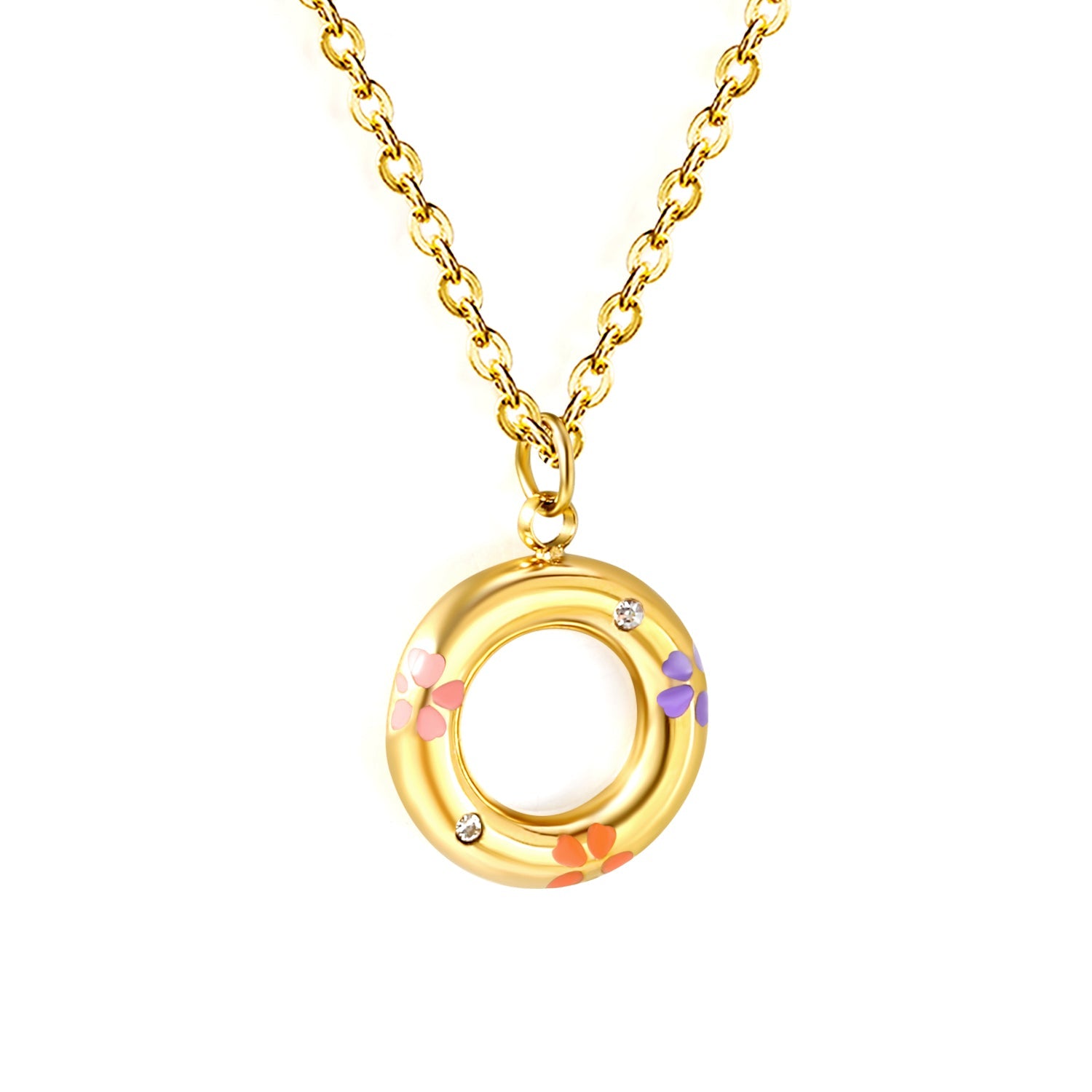 13mm circle with mixed color flower oil drop pendant necklace 40+5cm+Golden asonjewelry