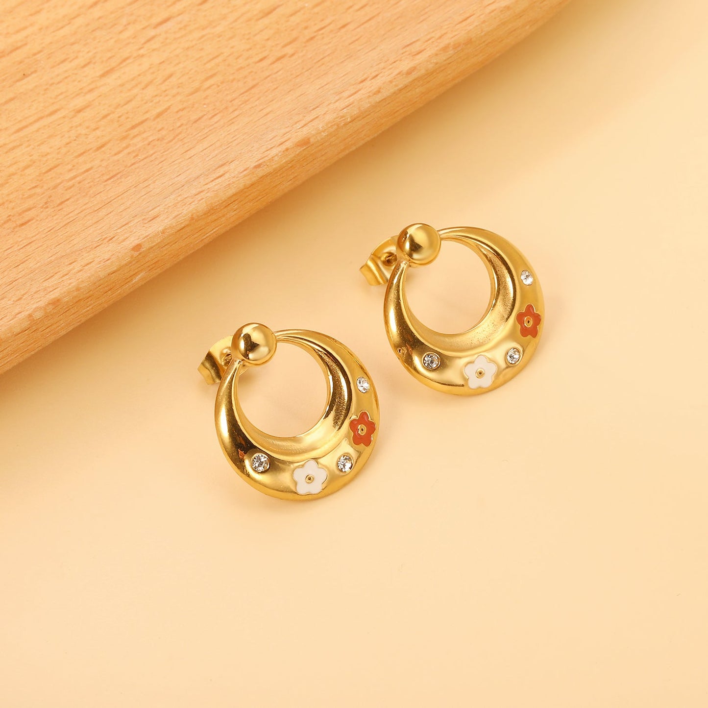 Oval Hoops with Mixed Color Flowers with White Diamonds Earrings 20*21mm asonjewelry