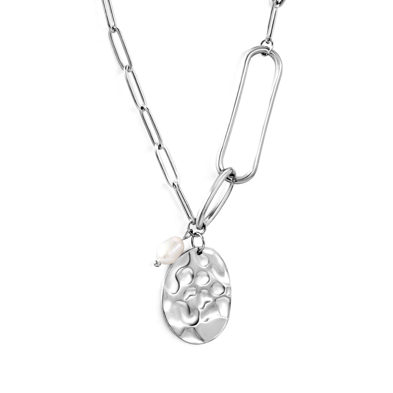 18.8*24.8mm Oval Plaque + 5.3*8mm Freshwater Pearl Pendant 45+5cm+6mm Round Plaque Necklace Steel/Golden asonjewelry