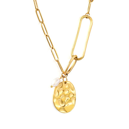 18.8*24.8mm Oval Plaque + 5.3*8mm Freshwater Pearl Pendant 45+5cm+6mm Round Plaque Necklace Steel/Golden asonjewelry