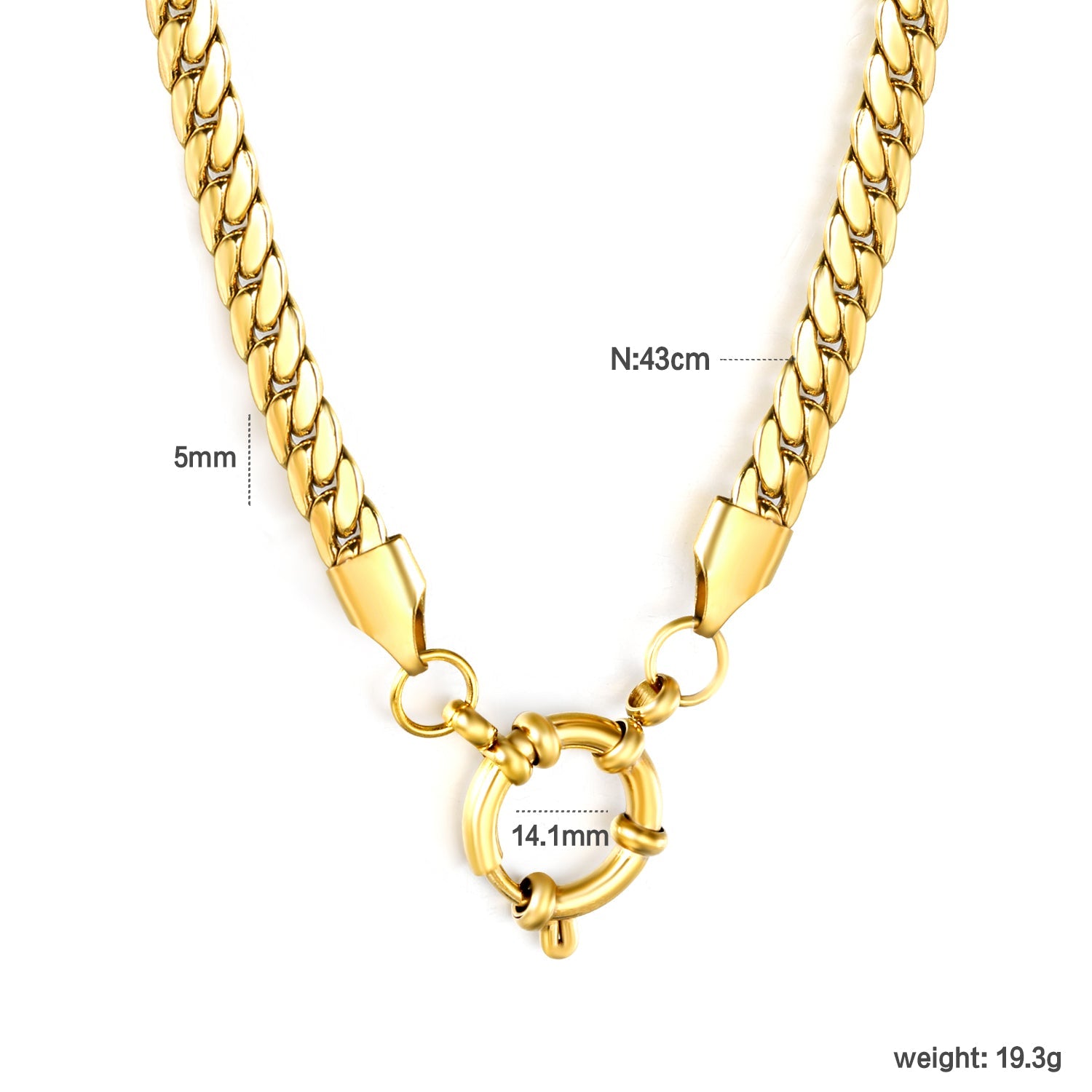 5.0NK gold dragon chain + 43cm + round clasp outer diameter 14.1mm necklace, gold asonjewelry