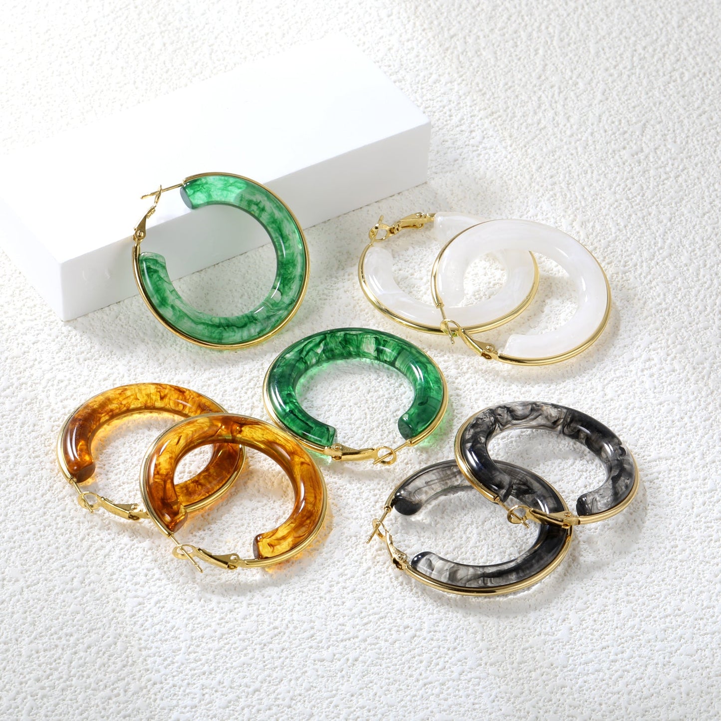 Round with White & Black & Green & Coffee Resin Loop Earrings 6.1*41.5mm asonjewelry