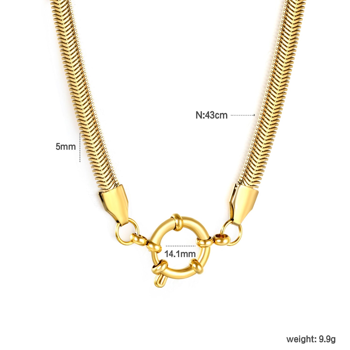 Flat snake chain 5mm wide x 2.2mm thick + 43cm + round clasp outer diameter 14.1mm necklace, gold asonjewelry