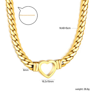 16.2 x 15mm hollow heart-shaped pendant with 6mm gold dragon chain, 40+5cm+6mm round pendant necklace, gold