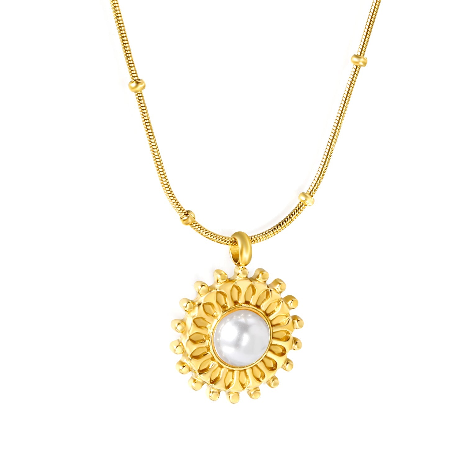 15.3mm round grain face with imitation white pearl/blue turquoise/tiger eye pendant 0.9+2mm round snake bead necklace 40+5cm+6mm round plaque necklace gold color asonjewelry