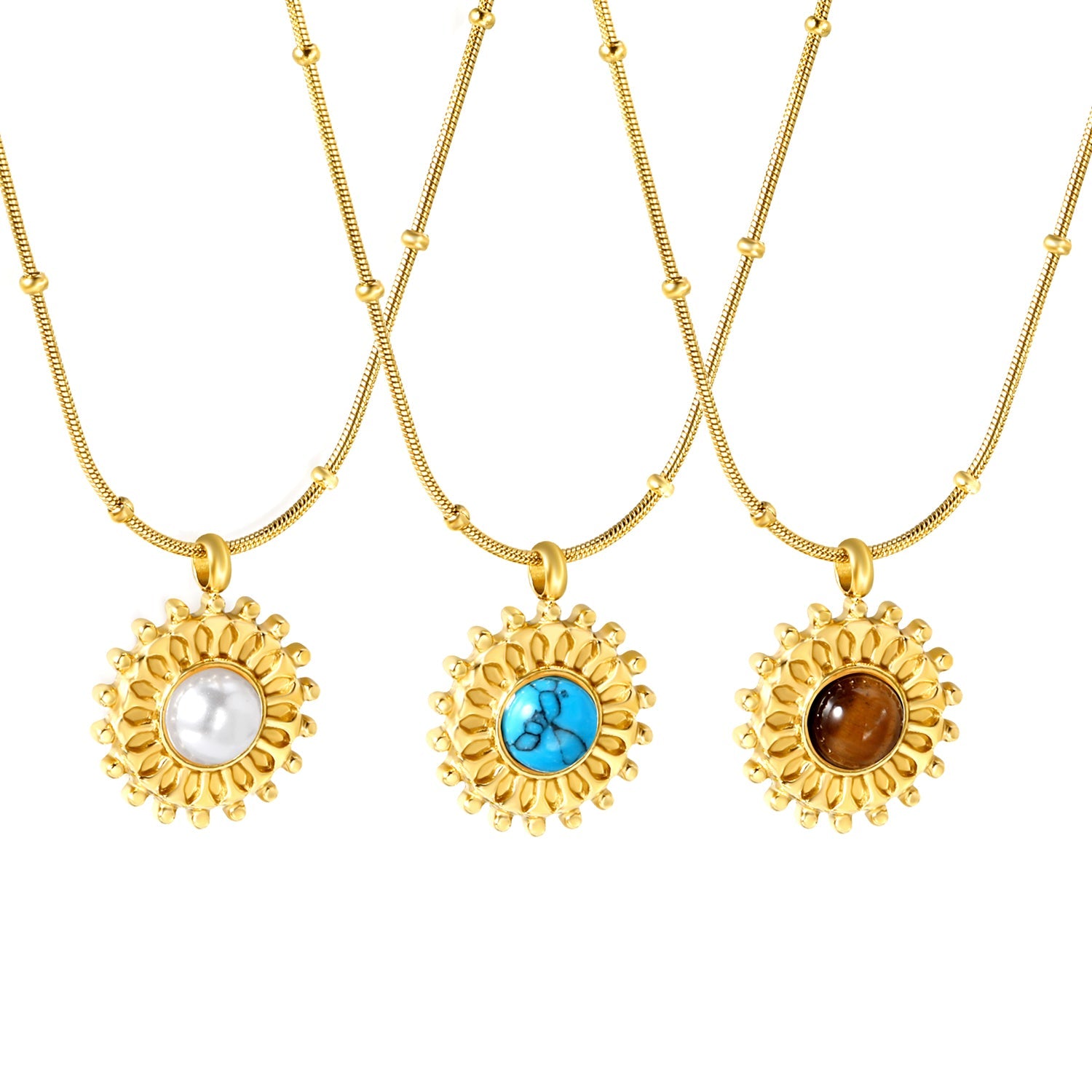 15.3mm round grain face with imitation white pearl/blue turquoise/tiger eye pendant 0.9+2mm round snake bead necklace 40+5cm+6mm round plaque necklace gold color asonjewelry