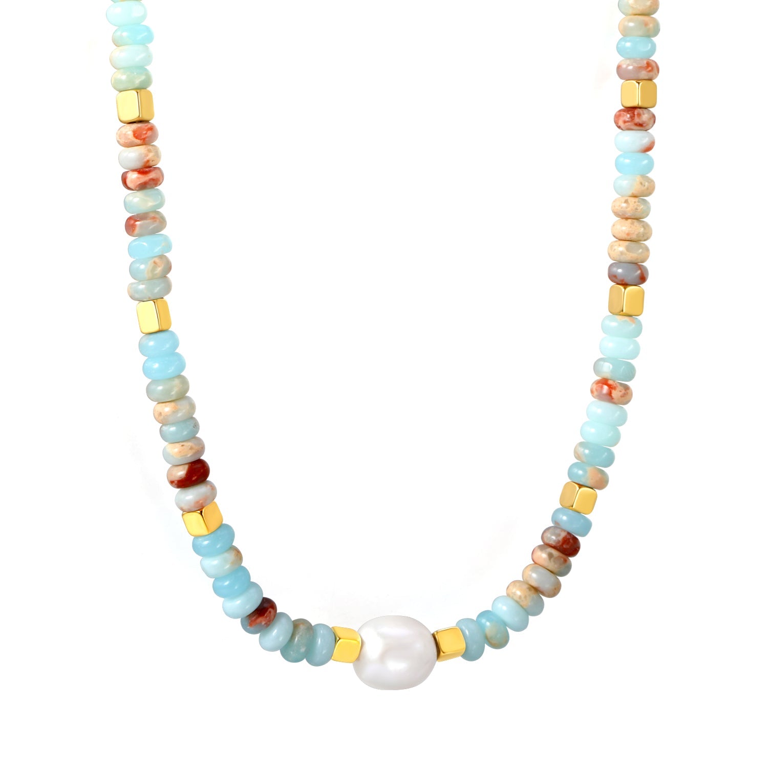 4.5*2.5mm Round Flat Imitation Shoushan Stone+3mm Square+8.2*9.5mm Freshwater Pearls Necklace 35+7cm+6mm Round Necklace GOLDEN asonjewelry